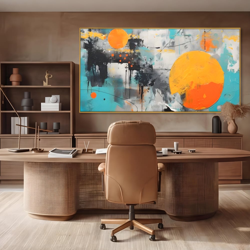 Tablou canvas cu tablou abstract cu discuri solare portocalii, in rama de aluminiu auriu, pe perete intr-un birou